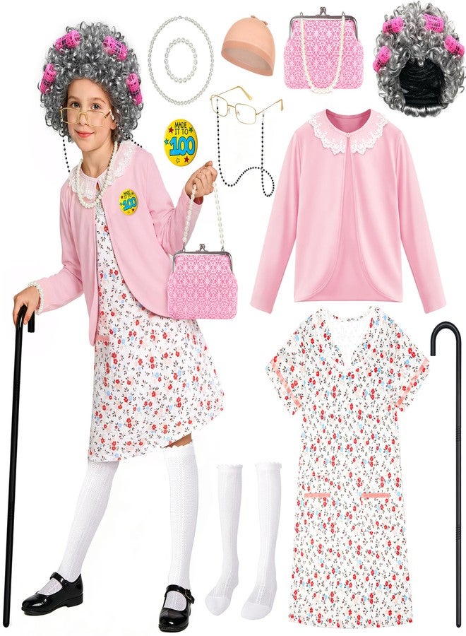 STOPKLAS Old Lady Costume for Kids, 100 Days of School Costume for Girls, 100th day of School Granny Grandma Dress Up Costume Outfit, Old Lady Cosplay Set with Old Lady Dress and Wig for Gilrs 5 6 7 - Image 1
